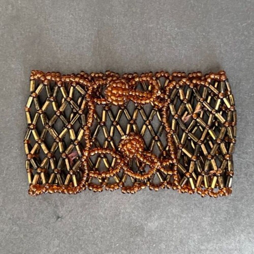 Beaded Cuff Bracelet Brown Metallic Woven Mesh Wrap Symmetrical Design